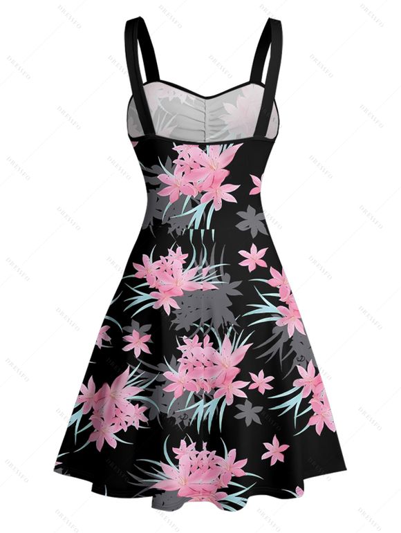 Vacation Couple Outfit Floral Leaf Pattern Ruched Bust Belt Sweetheart Neck Dress and Button Up Shirt Casual Matching Outfit - Noir S | US 4