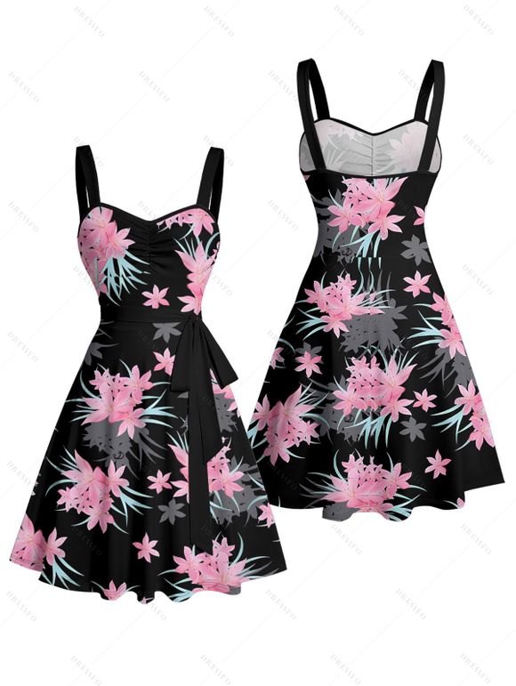 Vacation Couple Outfit Floral Leaf Pattern Ruched Bust Belt Sweetheart Neck Dress and Button Up Shirt Casual Matching Outfit - Noir S | US 4