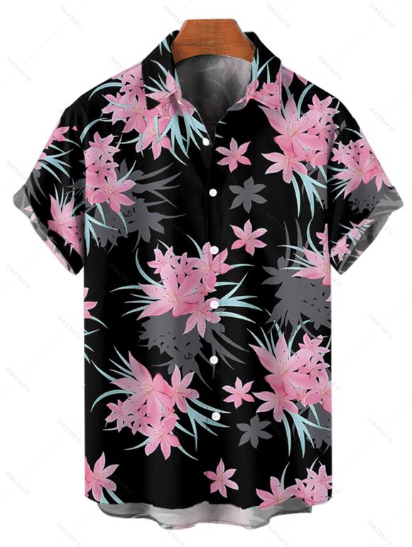 Vacation Couple Outfit Floral Leaf Pattern Ruched Bust Belt Sweetheart Neck Dress and Button Up Shirt Casual Matching Outfit - Noir S | US 4