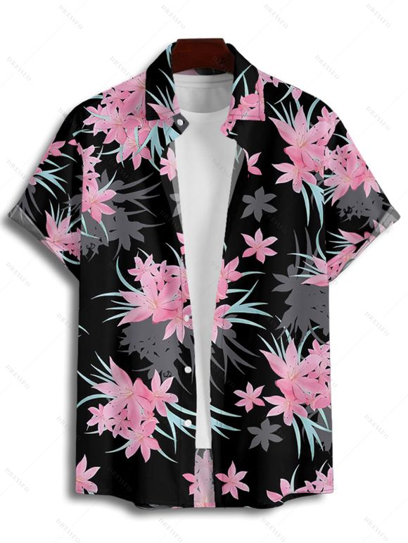 Vacation Couple Outfit Floral Leaf Pattern Ruched Bust Belt Sweetheart Neck Dress and Button Up Shirt Casual Matching Outfit - Noir S | US 4