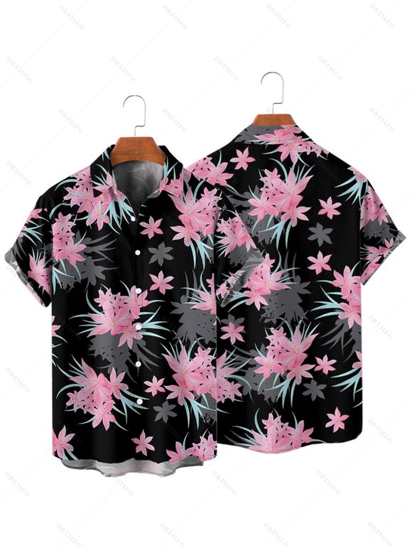 Vacation Couple Outfit Floral Leaf Pattern Ruched Bust Belt Sweetheart Neck Dress and Button Up Shirt Casual Matching Outfit - Noir S | US 4