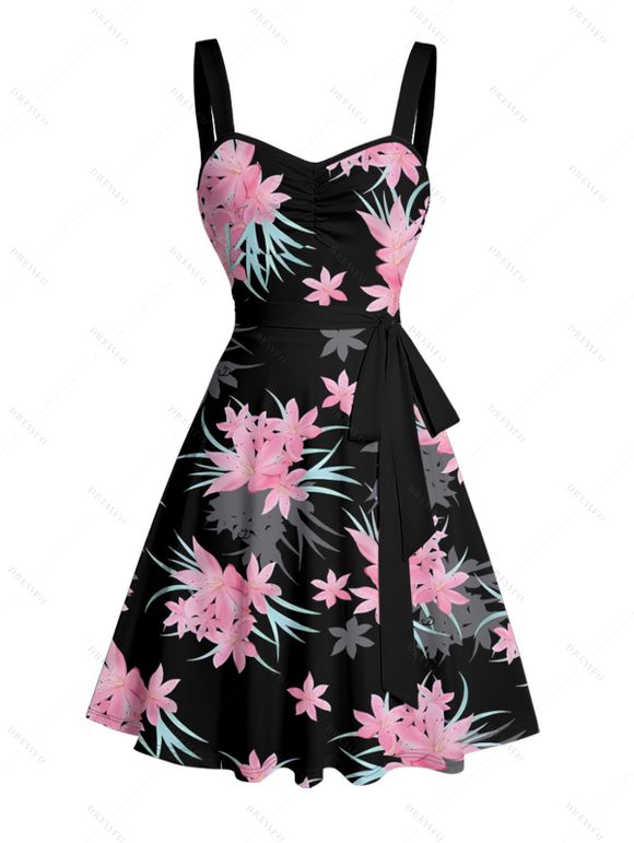 Robe de vacances à motif floral et feuilles, buste froncé, ceinture, col en cœur, coupe trapèze, mini, décontractée - Noir S | US 4