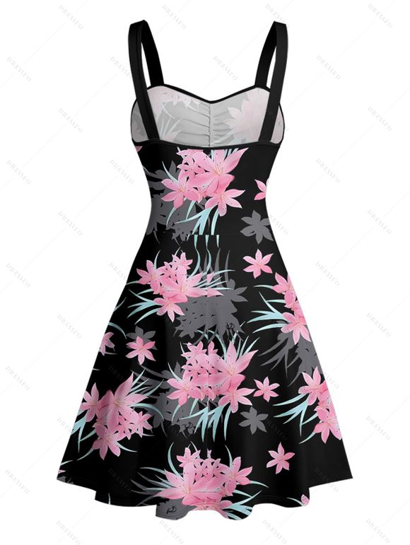 Robe de vacances à motif floral et feuilles, buste froncé, ceinture, col en cœur, coupe trapèze, mini, décontractée - Noir XXXL | US 16