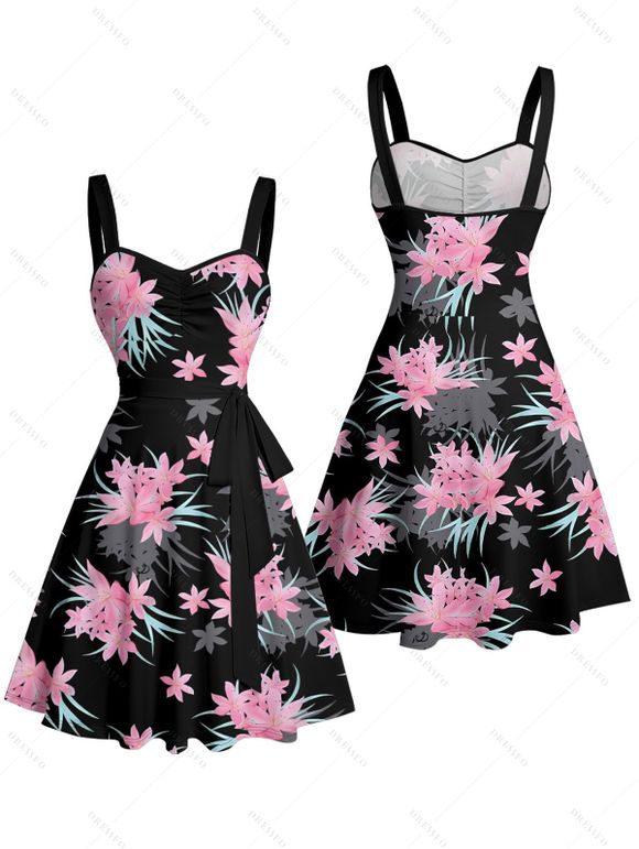 Robe de vacances à motif floral et feuilles, buste froncé, ceinture, col en cœur, coupe trapèze, mini, décontractée - Noir XXXL | US 16