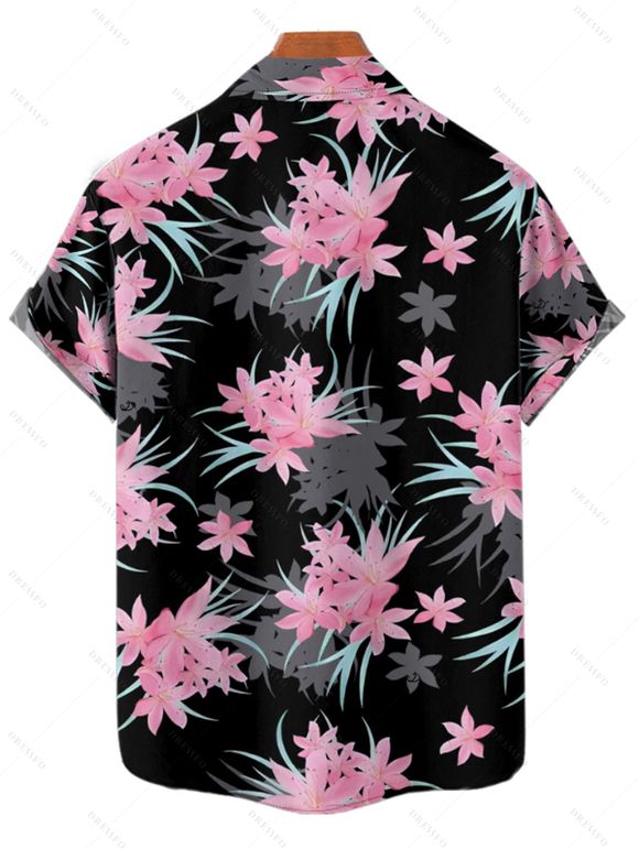 Chemise de vacances à motif floral et feuilles pour homme, boutonnée, retroussée, manches courtes, décontractée - Noir 2XL