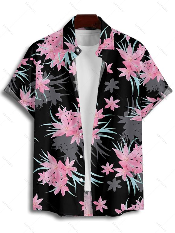 Chemise de vacances à motif floral et feuilles pour homme, boutonnée, retroussée, manches courtes, décontractée - Noir 2XL