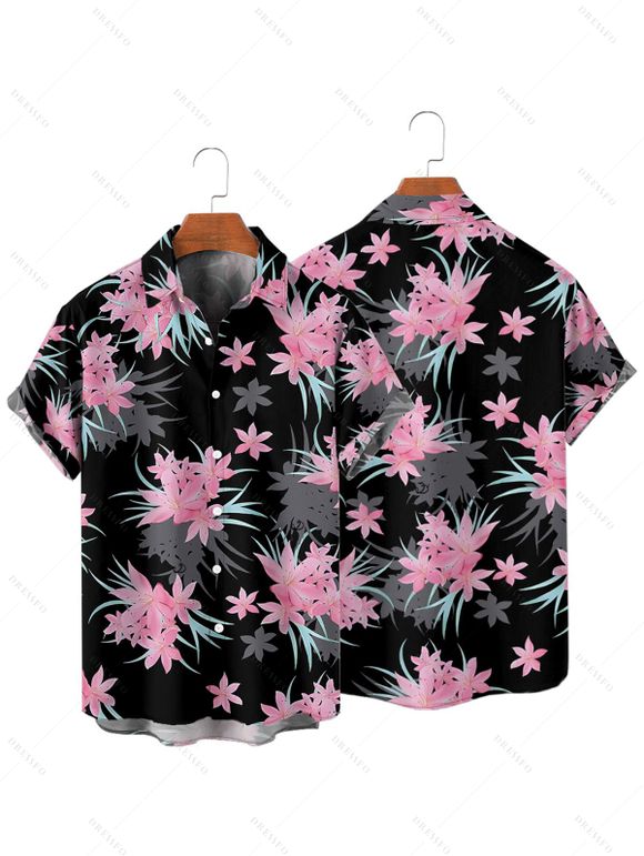 Chemise de vacances à motif floral et feuilles pour homme, boutonnée, retroussée, manches courtes, décontractée - Noir 2XL