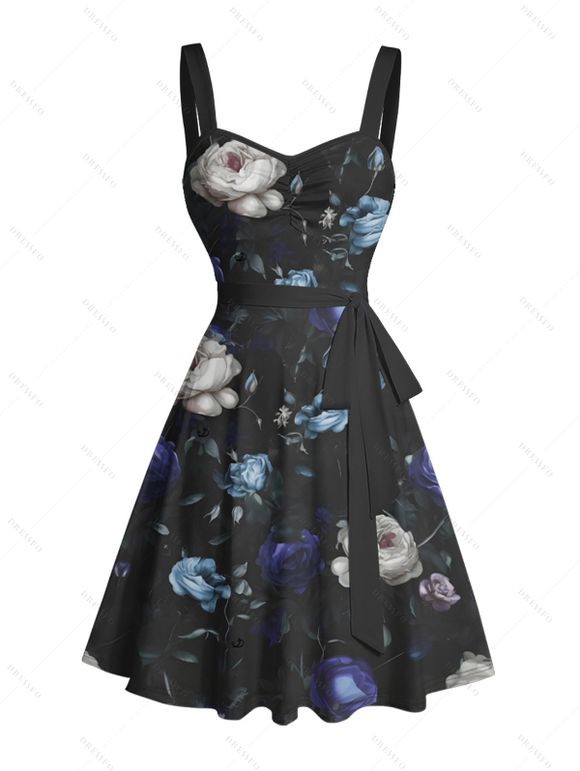 Robe de vacances à motif floral avec ceinture et buste froncé, décolleté en cœur, mini-robe décontractée trapèze - Noir L | US 8-10