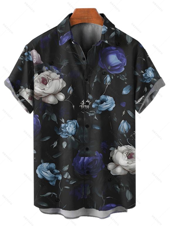 Chemise de vacances à motif floral pour homme, boutonnée, retroussée, manches courtes, décontractée - Noir 5XL