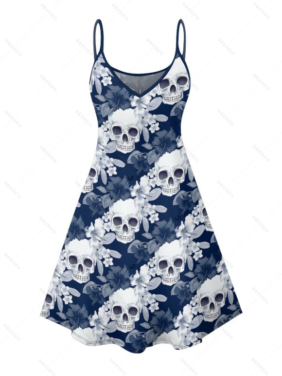 Robe gothique à motif floral et têtes de mort, bretelles spaghetti, col en V, coupe trapèze, mini-robe de vacances - Bleu XXXXXL | US 20