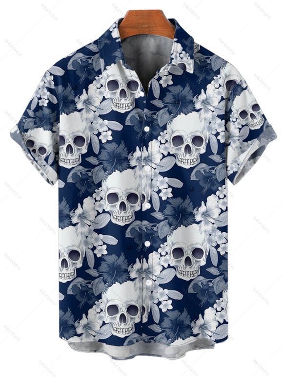 Chemise gothique à manches courtes et boutons pour homme, motif floral et tête de mort, style vacances - Bleu 5XL