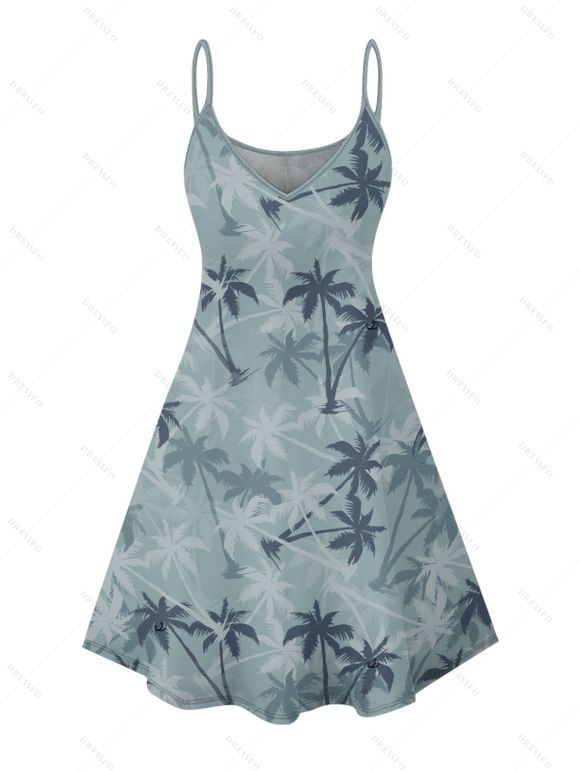 Robe de plage à motif cocotiers, bretelles spaghetti, col en V, coupe trapèze, mini-robe de vacances - Vert clair XXXXXL | US 20