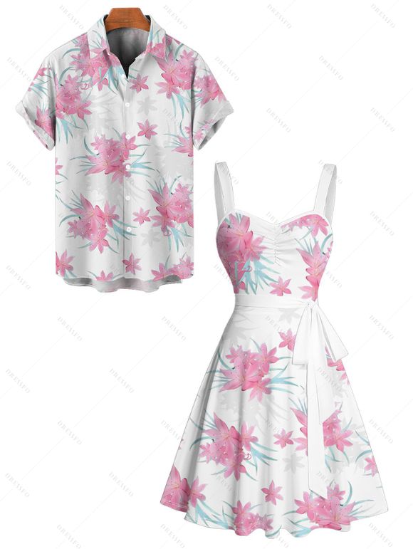 Vacation Couple Outfit Floral Leaf Pattern Ruched Bust Belt Sweetheart Neck Dress and Button Up Shirt Casual Matching Outfit - Blanc S | US 4