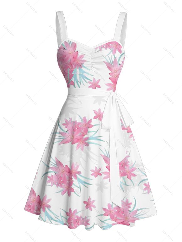 Robe de vacances à motif floral et feuilles, buste froncé, ceinture, col en cœur, coupe trapèze, mini, décontractée - Blanc L | US 8-10