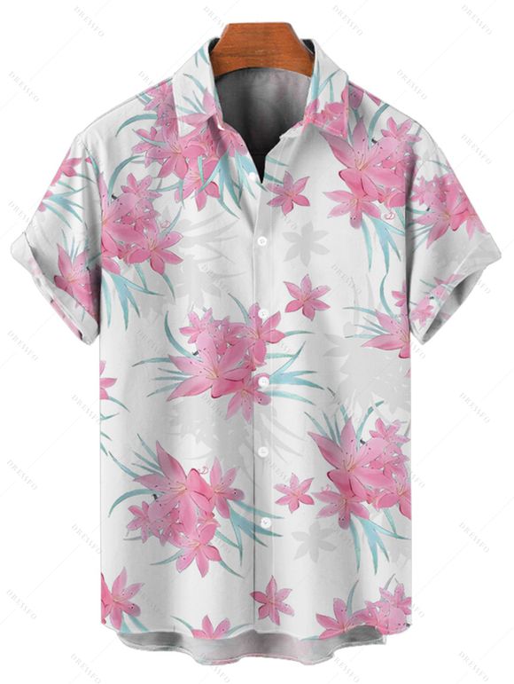 Chemise de vacances à motif floral et feuilles pour homme, boutonnée, retroussée, manches courtes, décontractée - Blanc L