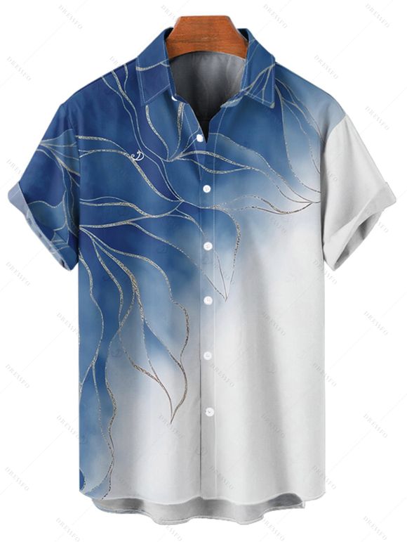 Chemise de vacances à motif de feuilles pailletées ombrées pour homme, chemise décontractée à manches courtes et boutonnée et retroussable - Bleu gris 5XL