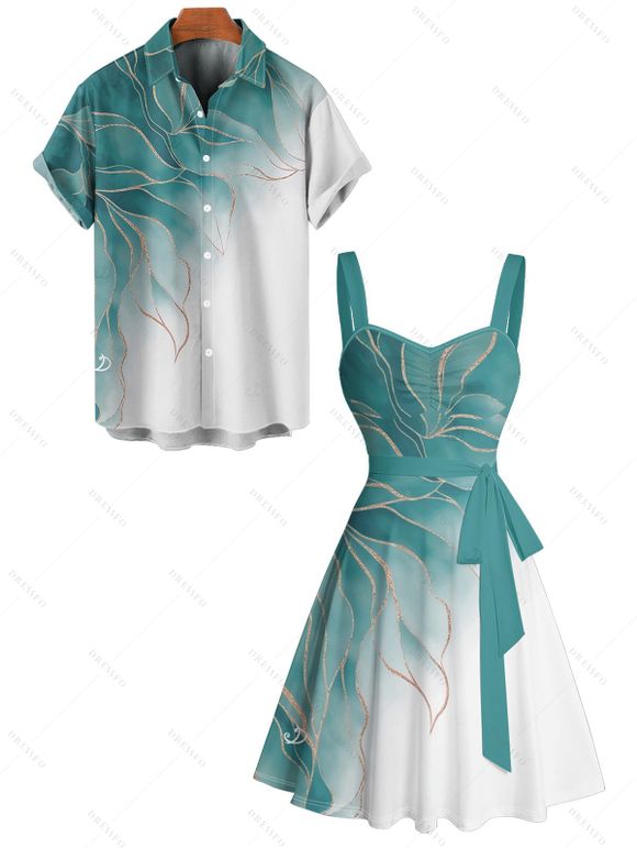 Vacation Couple Outfit Ombre Glitter Leaf Pattern Ruched Bust Belt Sweetheart Neck Dress and Button Up Shirt Matching Outfit - Vert clair S | US 4