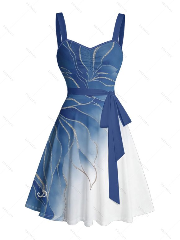 Robe de vacances à motif de feuilles pailletées ombrées, buste froncé, ceinture, col en cœur, robe trapèze mini décontractée - Bleu gris XXXXXL | US 20