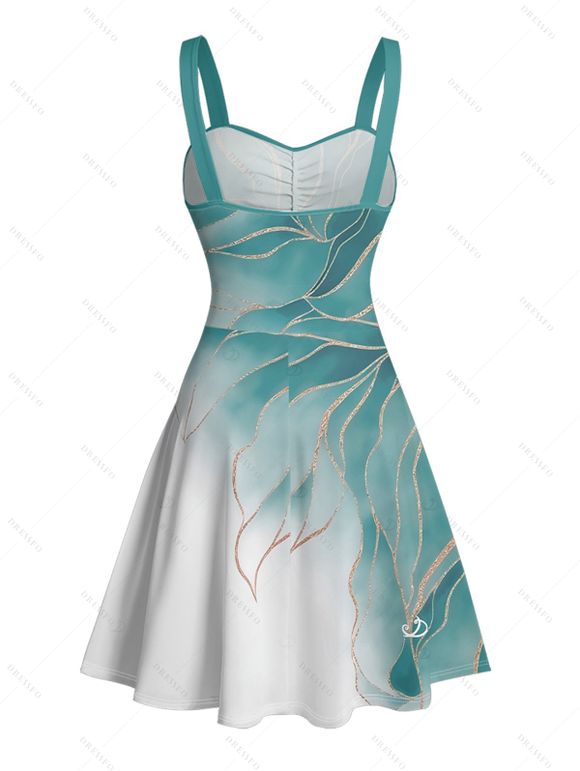 Robe de vacances à motif de feuilles pailletées ombrées, buste froncé, ceinture, col en cœur, robe trapèze mini décontractée - Vert clair XL | US 12