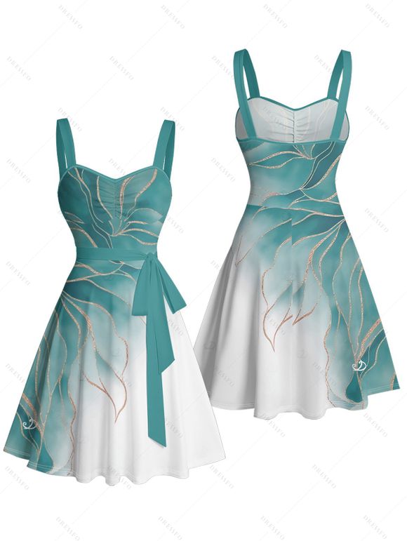 Robe de vacances à motif de feuilles pailletées ombrées, buste froncé, ceinture, col en cœur, robe trapèze mini décontractée - Vert clair XL | US 12