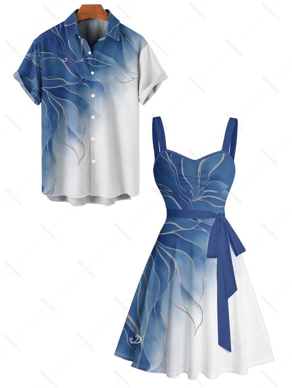 Vacation Couple Outfit Ombre Glitter Leaf Pattern Ruched Bust Belt Sweetheart Neck Dress and Button Up Shirt Matching Outfit - Bleu gris S | US 4