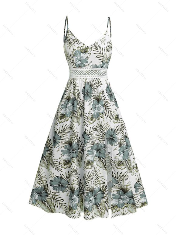 Robe longue de vacances à motif floral et feuilles, avec empiècement en dentelle géométrique et bretelles spaghetti - multicolor XXL | US 14
