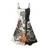 Gothic Couple Outfit Colorblock Skeleton Smoking Fire Floral Pattern Spaghetti Strap Tank Dress and Button Up Shirt Vacation Matching Outfit - Noir S | US 4