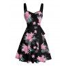 Robe de vacances à motif floral et feuilles, buste froncé, ceinture, col en cœur, coupe trapèze, mini, décontractée - Noir S | US 4