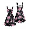 Robe de vacances à motif floral et feuilles, buste froncé, ceinture, col en cœur, coupe trapèze, mini, décontractée - Noir S | US 4