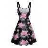 Robe de vacances à motif floral et feuilles, buste froncé, ceinture, col en cœur, coupe trapèze, mini, décontractée - Noir S | US 4