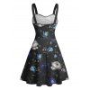Robe de vacances à motif floral avec ceinture et buste froncé, décolleté en cœur, mini-robe décontractée trapèze - Noir L | US 8-10