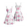 Robe de vacances à motif floral et feuilles, buste froncé, ceinture, col en cœur, coupe trapèze, mini, décontractée - Blanc L | US 8-10