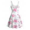 Robe de vacances à motif floral et feuilles, buste froncé, ceinture, col en cœur, coupe trapèze, mini, décontractée - Blanc L | US 8-10