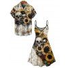 Gothic Couple Outfit Skulls Sunflower Rose Pattern Spaghetti Strap V Neck A Line Mini Tank Dress and Button Up Shirt Vacation Matching Outfit - café lumière S | US 4