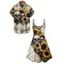 Gothic Couple Outfit Skulls Sunflower Rose Pattern Spaghetti Strap V Neck A Line Mini Tank Dress and Button Up Shirt Vacation Matching Outfit - café lumière S | US 4