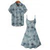 Beach Couple Outfit Allover Coconut Tree Pattern Spaghetti Strap V Neck A Line Mini Tank Dress and Button Up Shirt Vacation Matching Outfit - Vert clair S | US 4