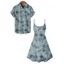 Beach Couple Outfit Allover Coconut Tree Pattern Spaghetti Strap V Neck A Line Mini Tank Dress and Button Up Shirt Vacation Matching Outfit - Vert clair S | US 4