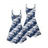 Gothic Couple Outfit Allover Floral Skulls Pattern Spaghetti Strap Tank Dress and Button Up Shirt Vacation Matching Outfit - Bleu S | US 4