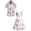 Vacation Couple Outfit Floral Leaf Pattern Ruched Bust Belt Sweetheart Neck Dress and Button Up Shirt Casual Matching Outfit - Blanc S | US 4