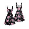 Vacation Couple Outfit Floral Leaf Pattern Ruched Bust Belt Sweetheart Neck Dress and Button Up Shirt Casual Matching Outfit - Noir S | US 4
