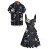 Vacation Couple Outfit Floral Pattern Ruched Bust Belt Dress and Button Up Shirt Casual Matching Outfit - Noir S | US 4
