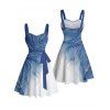Robe de vacances à motif de feuilles pailletées ombrées, buste froncé, ceinture, col en cœur, robe trapèze mini décontractée - Bleu gris XXXXXL | US 20