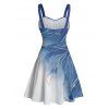 Robe de vacances à motif de feuilles pailletées ombrées, buste froncé, ceinture, col en cœur, robe trapèze mini décontractée - Bleu gris XXXXXL | US 20