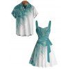 Vacation Couple Outfit Ombre Glitter Leaf Pattern Ruched Bust Belt Sweetheart Neck Dress and Button Up Shirt Matching Outfit - Vert clair S | US 4