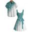 Vacation Couple Outfit Ombre Glitter Leaf Pattern Ruched Bust Belt Sweetheart Neck Dress and Button Up Shirt Matching Outfit - Bleu gris S | US 4