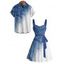Vacation Couple Outfit Ombre Glitter Leaf Pattern Ruched Bust Belt Sweetheart Neck Dress and Button Up Shirt Matching Outfit - Bleu gris S | US 4