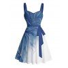 Vacation Couple Outfit Ombre Glitter Leaf Pattern Ruched Bust Belt Sweetheart Neck Dress and Button Up Shirt Matching Outfit - Bleu gris S | US 4