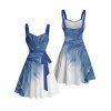 Vacation Couple Outfit Ombre Glitter Leaf Pattern Ruched Bust Belt Sweetheart Neck Dress and Button Up Shirt Matching Outfit - Bleu gris S | US 4