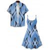 Casual Couple Outfit Geometric Printed Spaghetti Strap V Neck A Line Mini Tank Dress and Button Up Shirt Vacation Matching Outfit - Bleu gris S | US 4