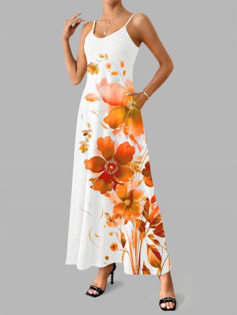 Robe de vacances à bretelles spaghetti et imprimé floral à feuilles aquarelles, robe longue trapèze avec poches